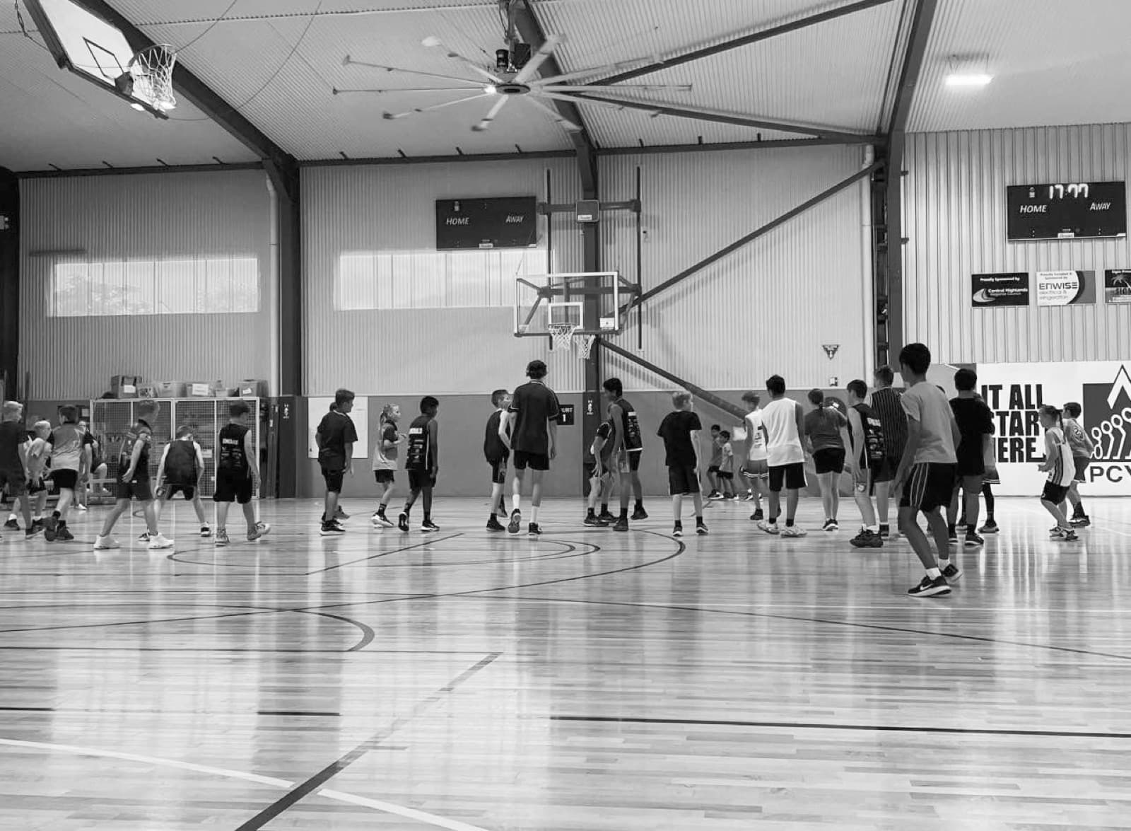 Wide view of an Emerald Basketball Association training session