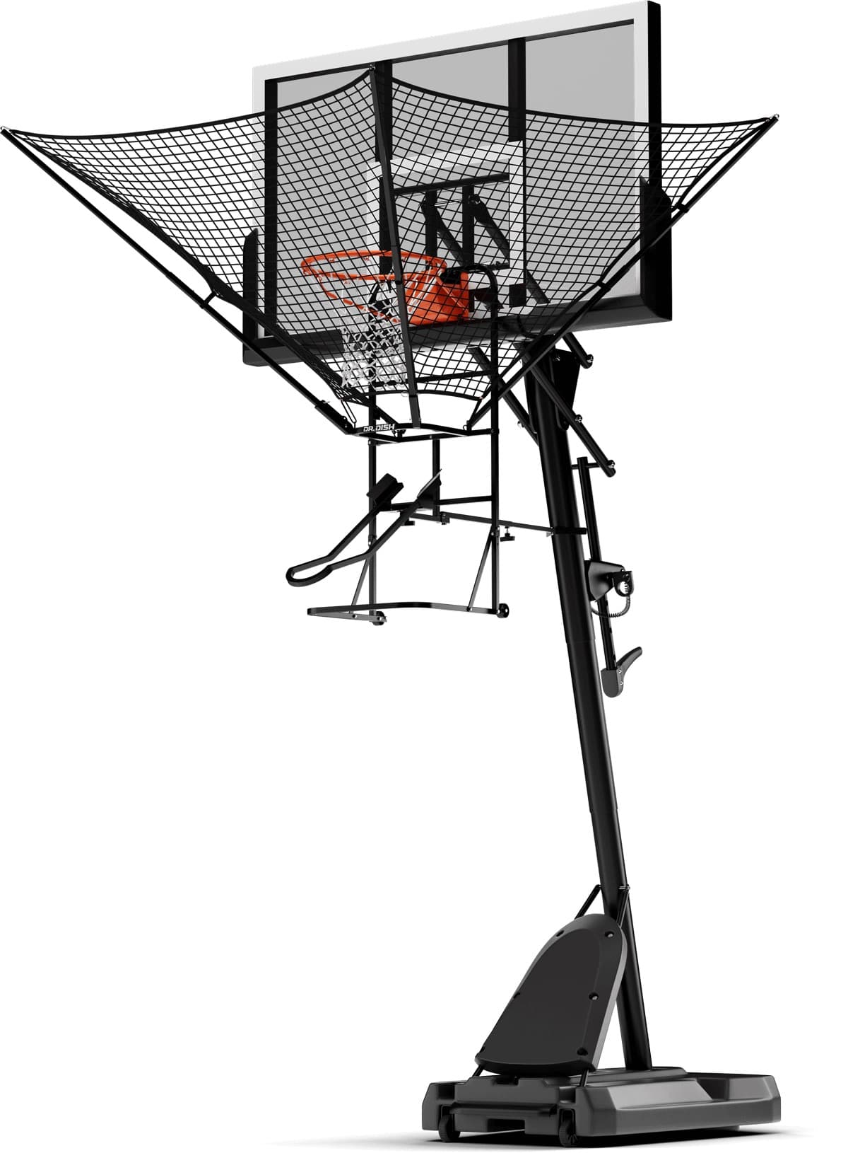 iC3 mounted on a basketball hoop, showing the collection net extending above the rim